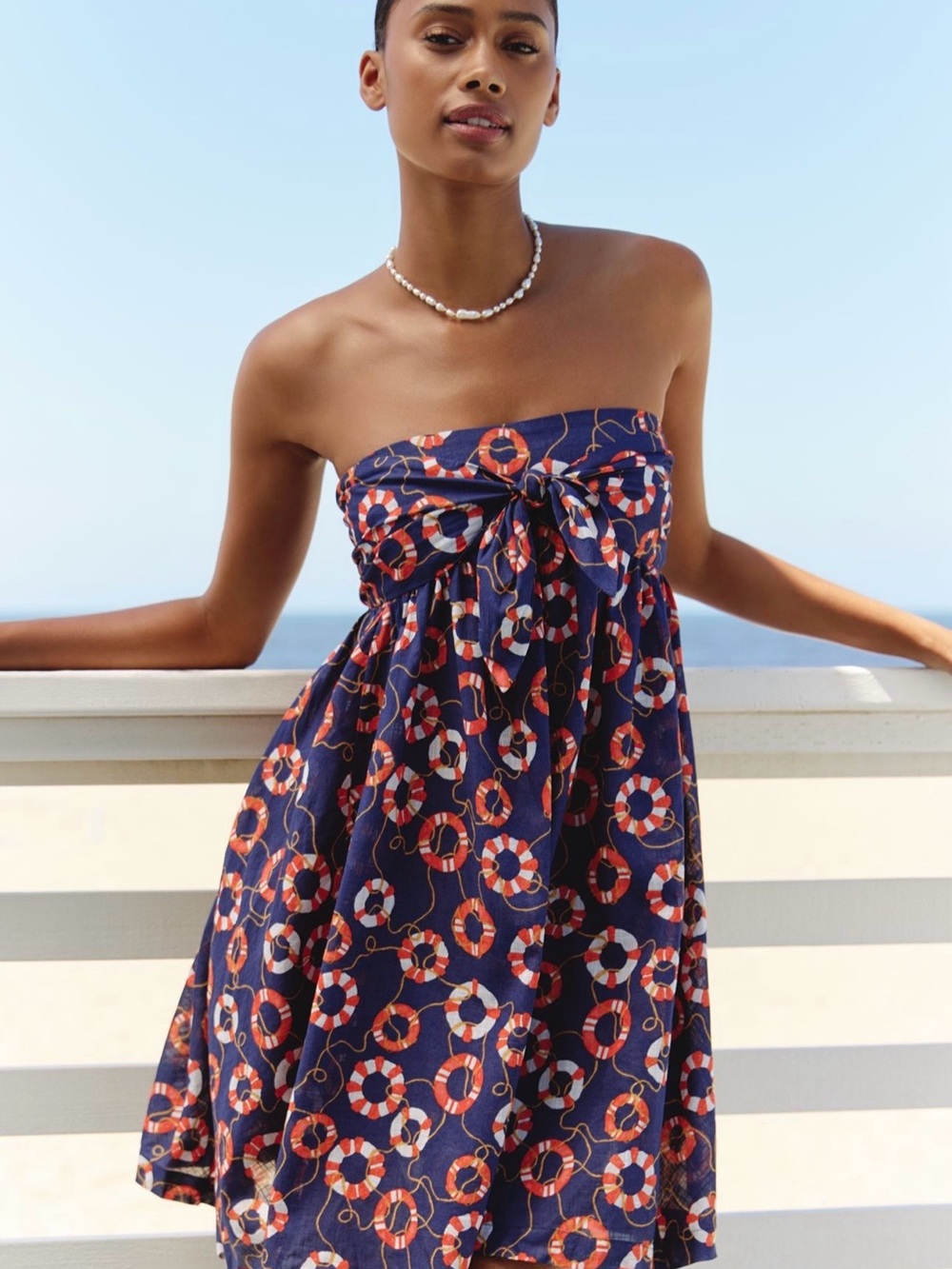 Strapless Navy Lifesaver Print Tie-Front Dress